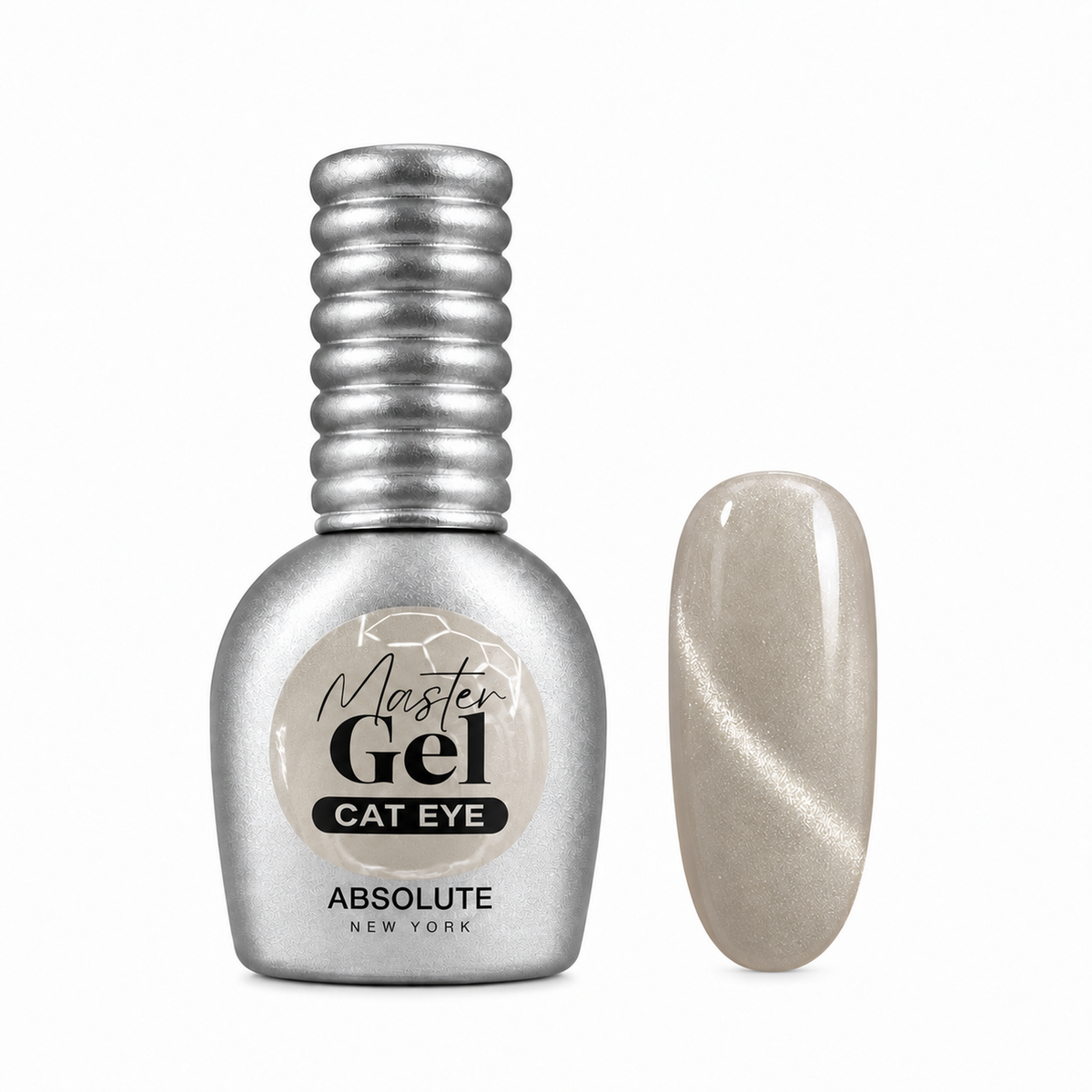 Absolute New York Master Gel Cat Eye Moonlit Crystal MNMC03 – bottle and magnetic nail swatch