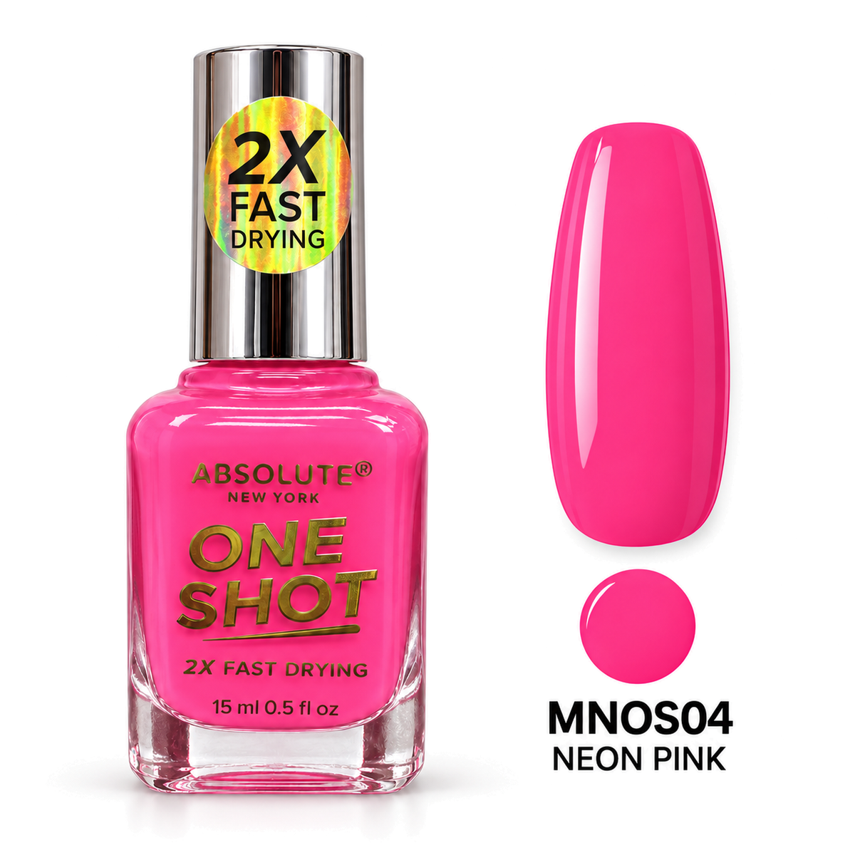 Absolute New York One Shot Neon Pink (MNOS04) nail polish, 15 mL