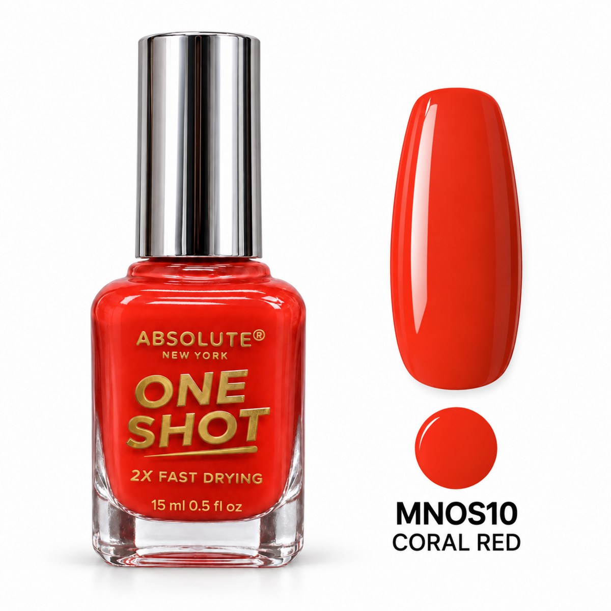 Absolute New York One Shot Coral Red (MNOS10) nail polish, 15 mL