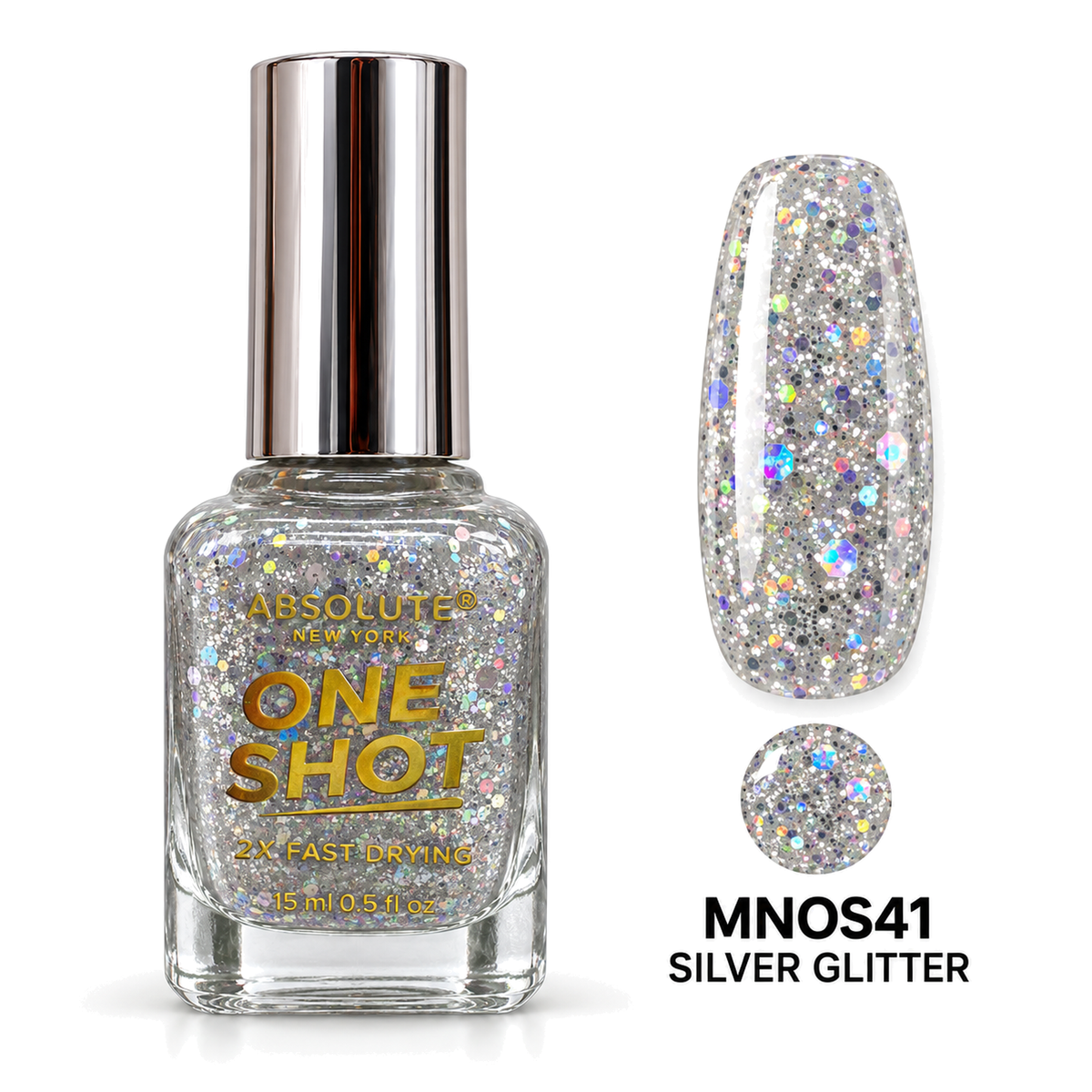 Absolute New York One Shot Silver Glitter (MNOS41) nail polish, 15 mL