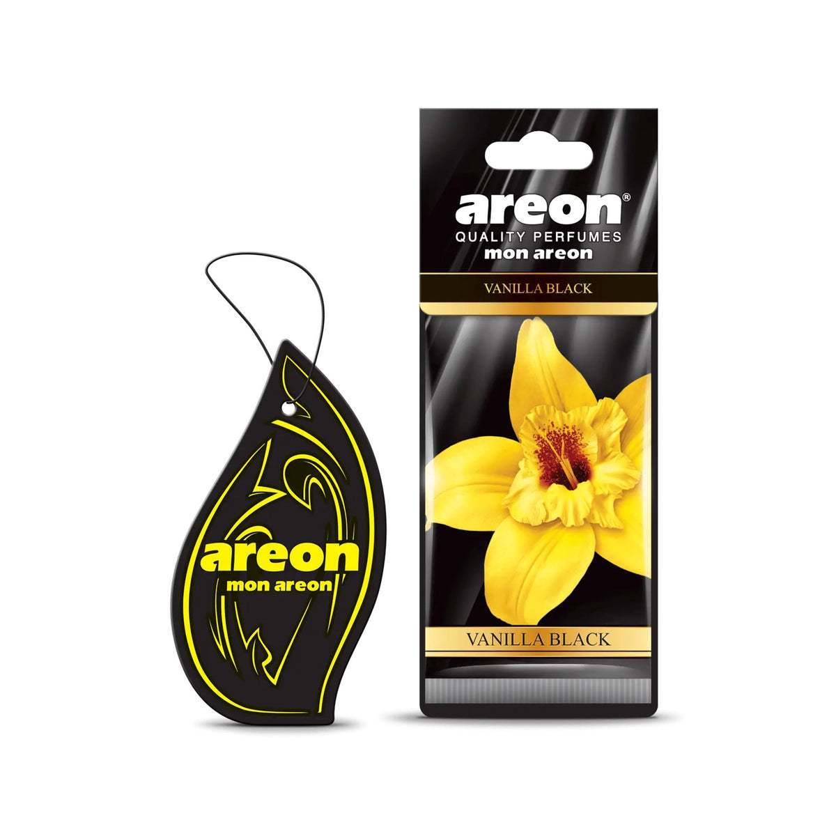 Areon Mon Vanilla Black MA31 hanging car air freshener package and scented card