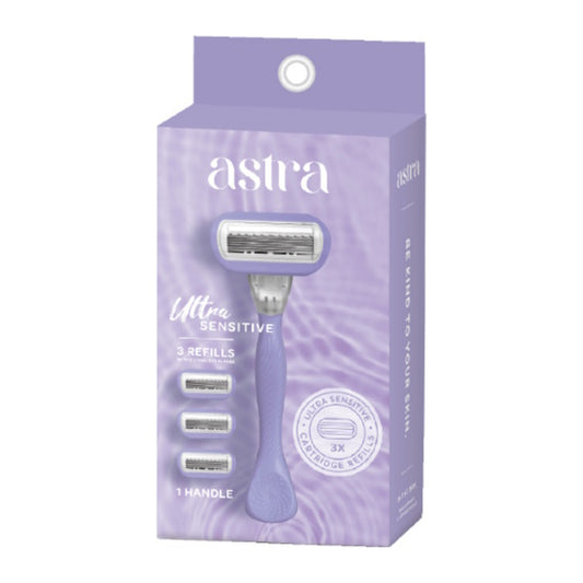 Astra Ultra Sensitive razor handle with 3 cartridge refills, UPC 840272805893