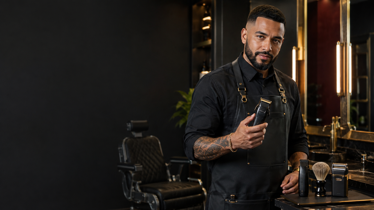 Barbero profesional con máquina en una barbería elegante