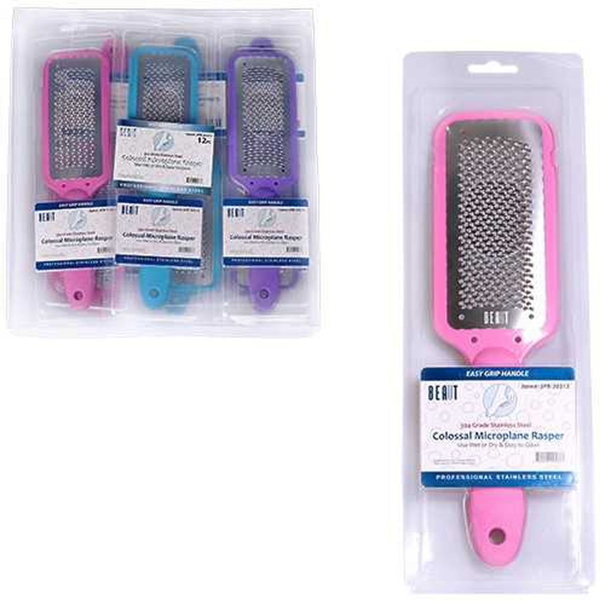 Beaut 304 grade stainless steel Colossal Microplane Rasper in assorted colors, model 3PR-30313