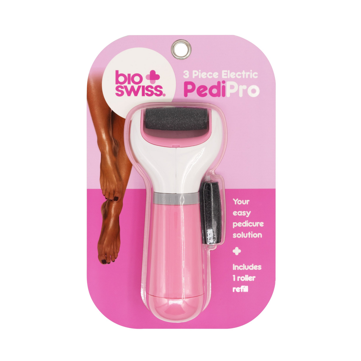 BioSwiss 3-piece electric PediPro foot file in pink with refill roller, item 3351P