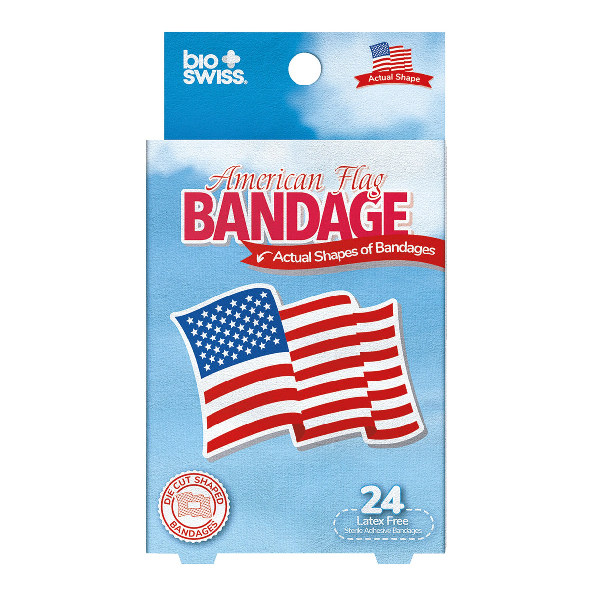 BioSwiss American Flag adhesive bandages 24 count, UPC 840272807071