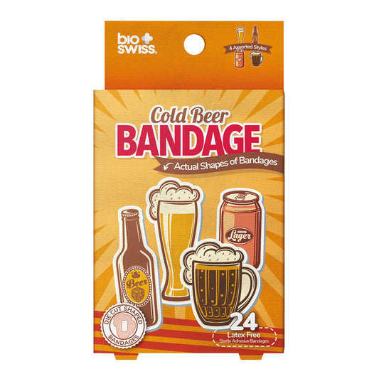 BioSwiss Cold Beer adhesive bandages 24 count, UPC 840272807095