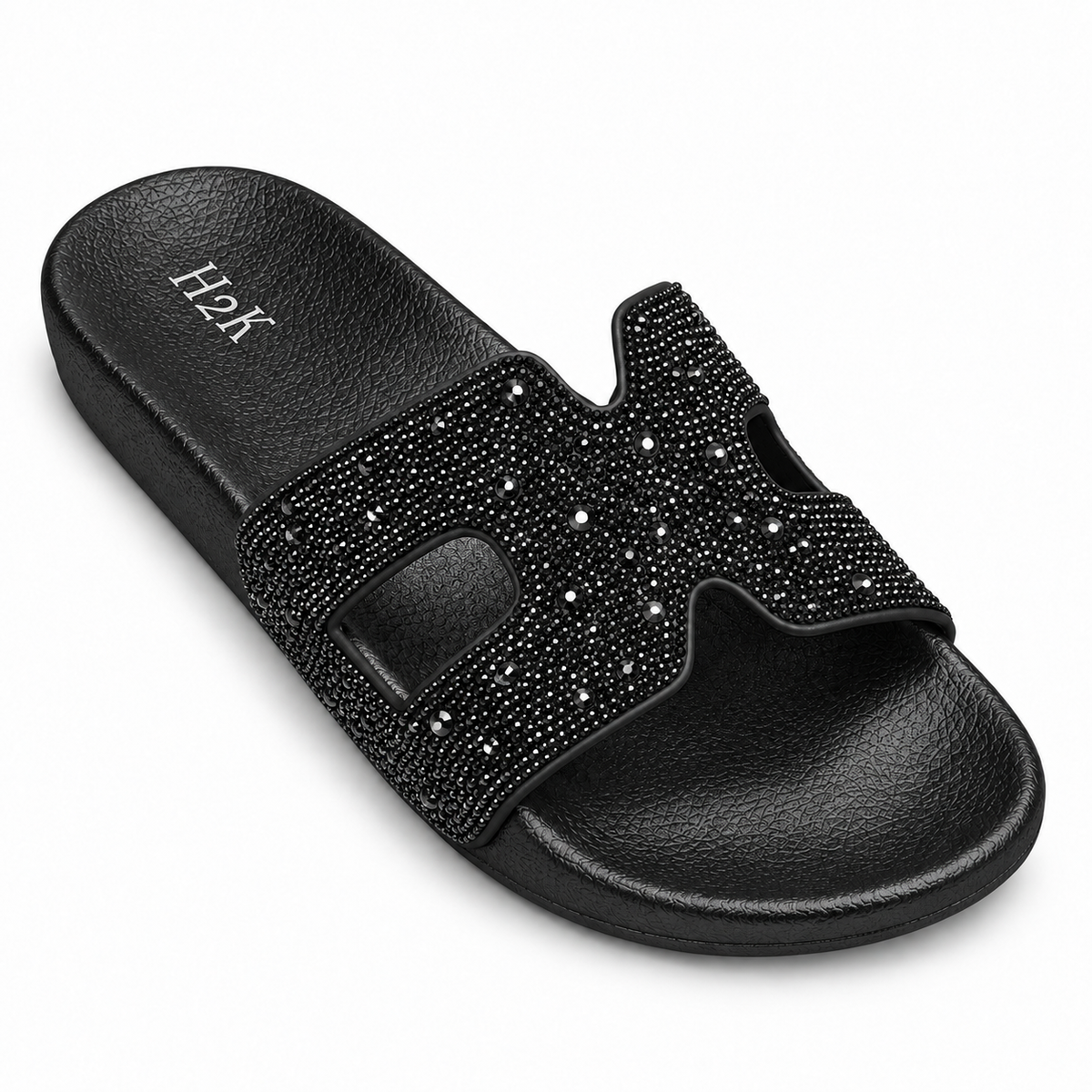 H2K Alpha rhinestone H slide sandal in Black