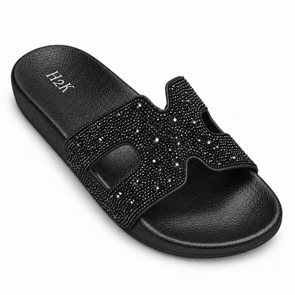 H2K Alpha rhinestone H slide sandal in Black