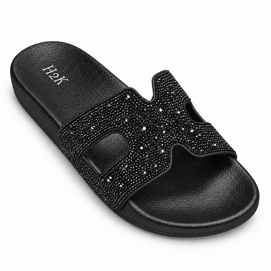 H2K Alpha rhinestone H slide sandal in Black