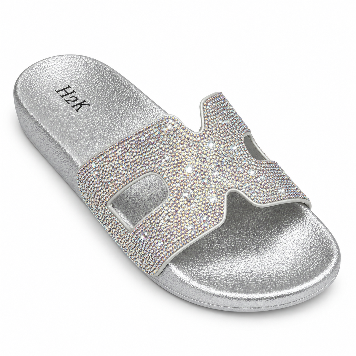 H2K Alpha rhinestone H slide sandal in Silver