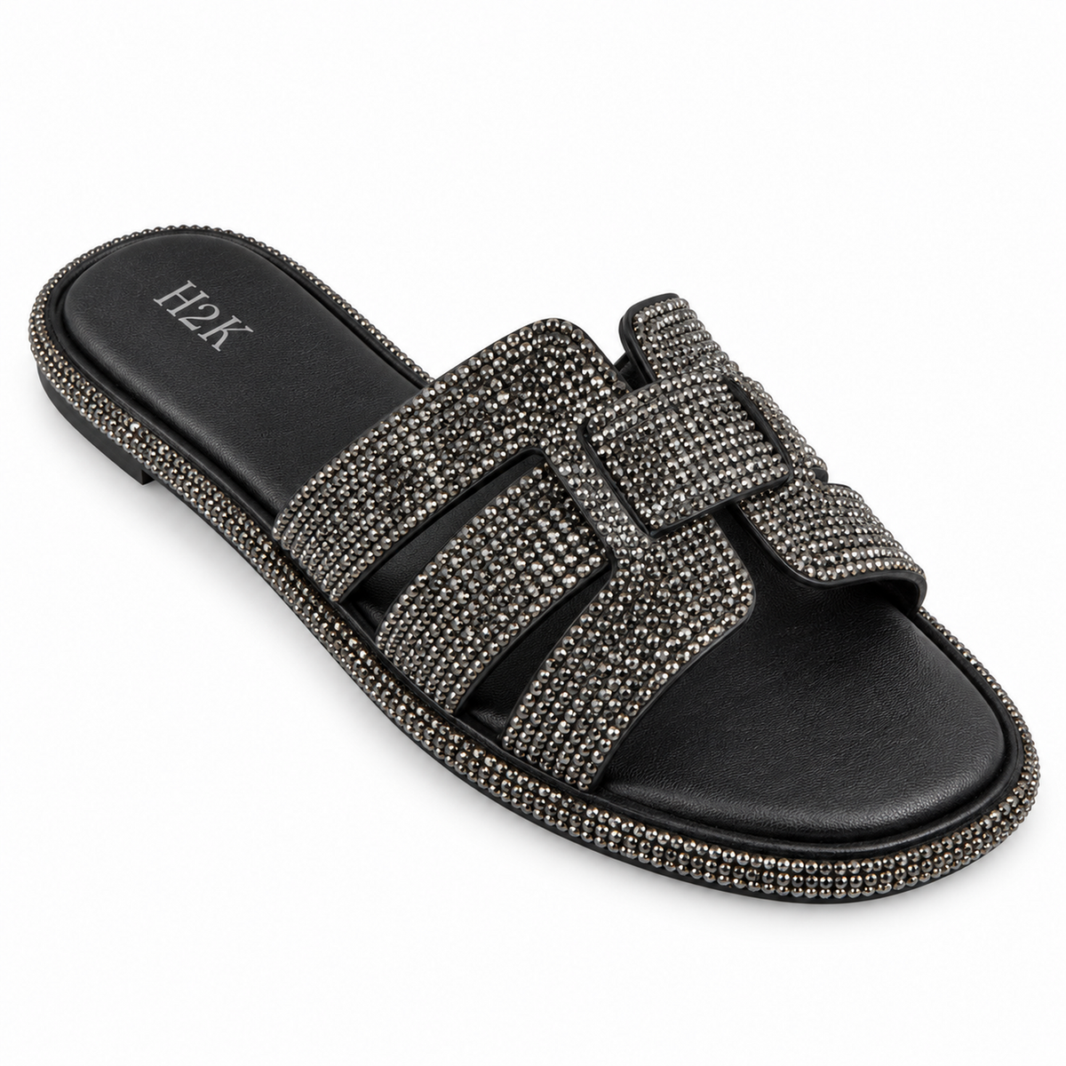 H2K Flex rhinestone buckle slide sandal in Black