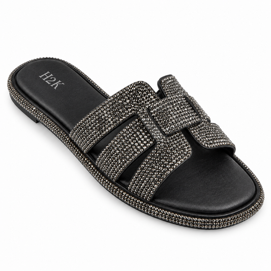 H2K Flex rhinestone buckle slide sandal in Black