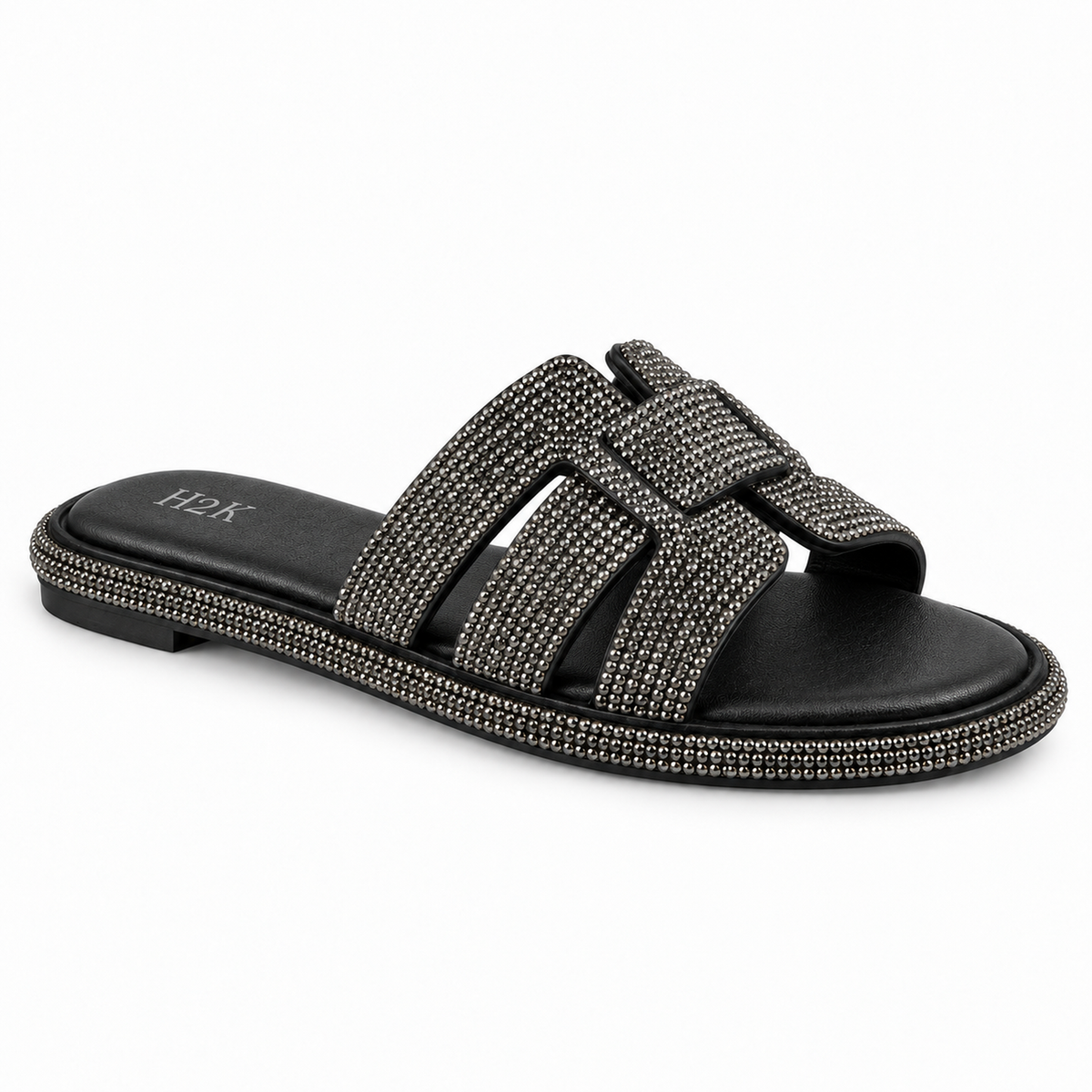H2K Flex black rhinestone slide sandal side view