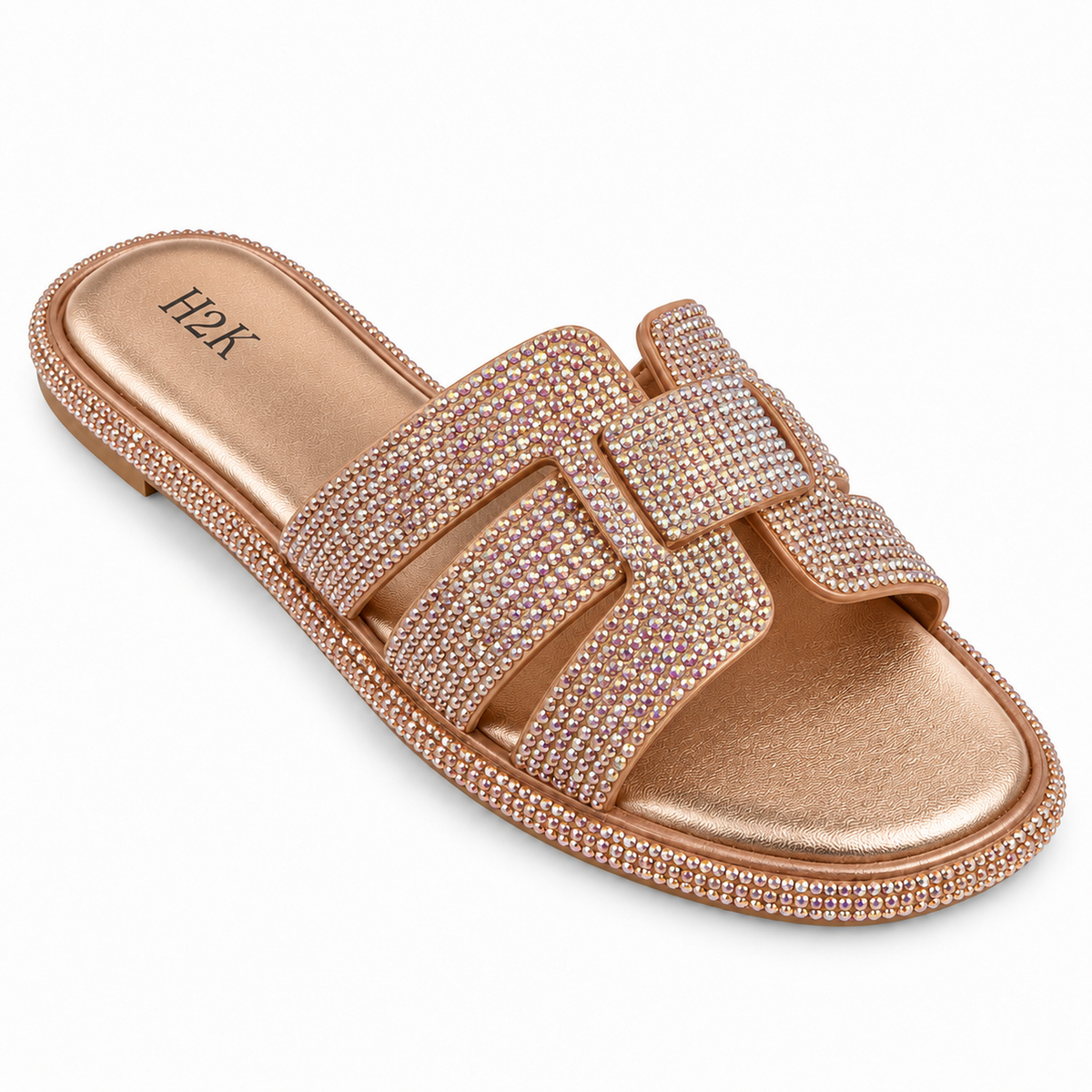 H2K Flex rhinestone buckle slide sandal in Rose Gold