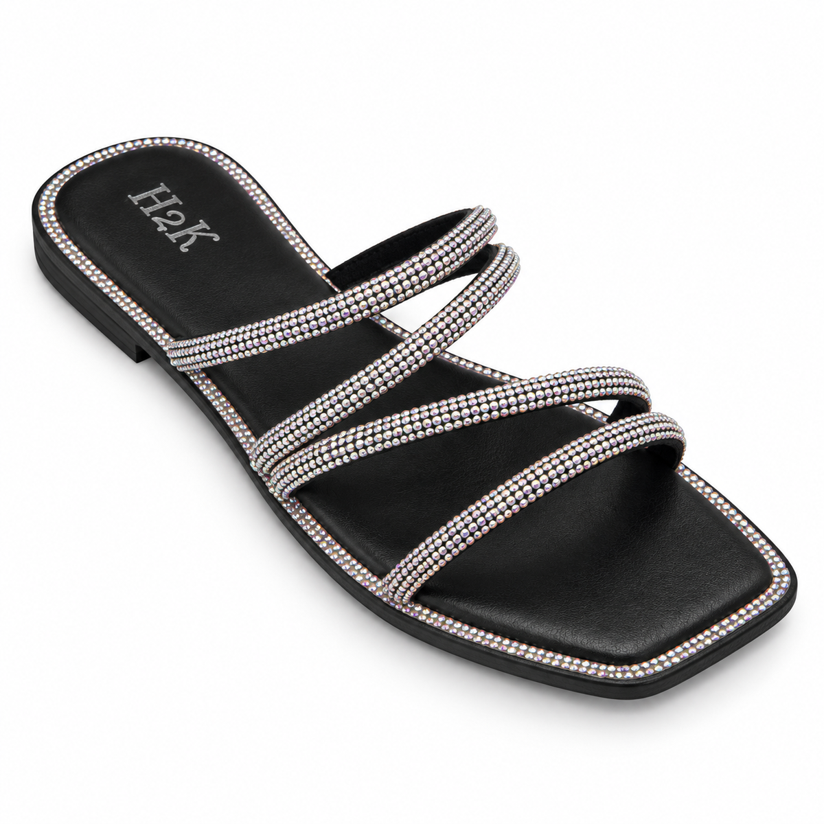 H2K Iris crystal-strap flat sandal in Black