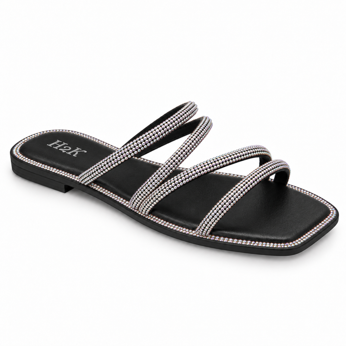 H2K Iris Black sandal side profile showing crystal-trimmed sole