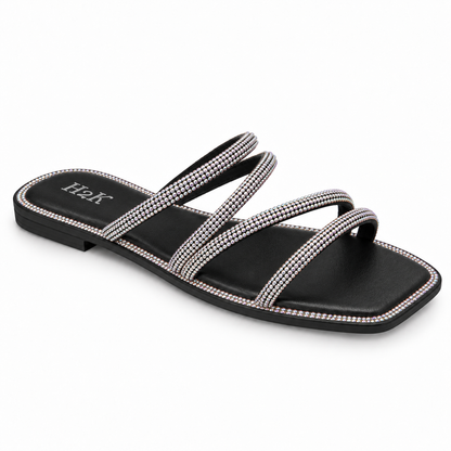 H2K Iris Black sandal side profile showing crystal-trimmed sole
