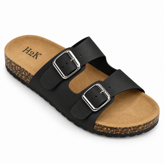 H2K Karen two-buckle comfort slide sandal in Black