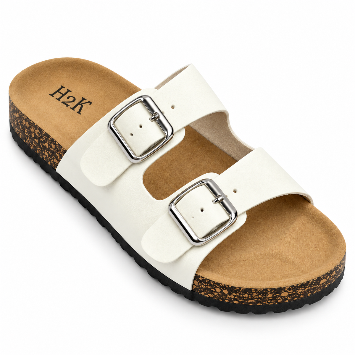 H2K Karen White sandal buckle and footbed detail
