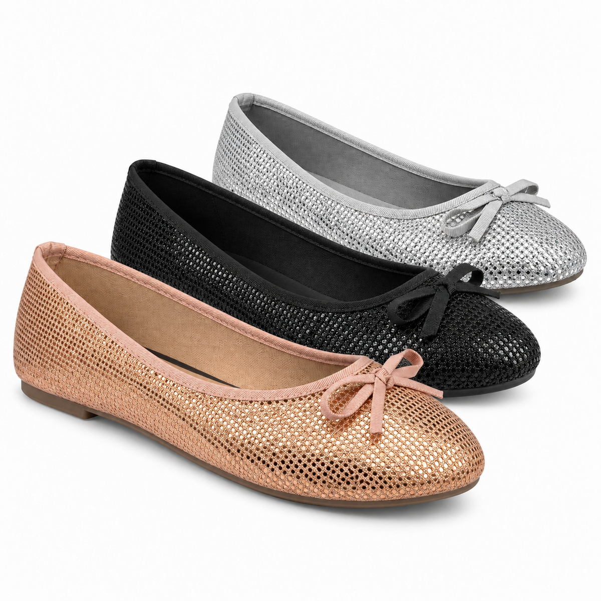 H2K Magic II sparkle ballet flats in Rose Gold, Black, and Silver