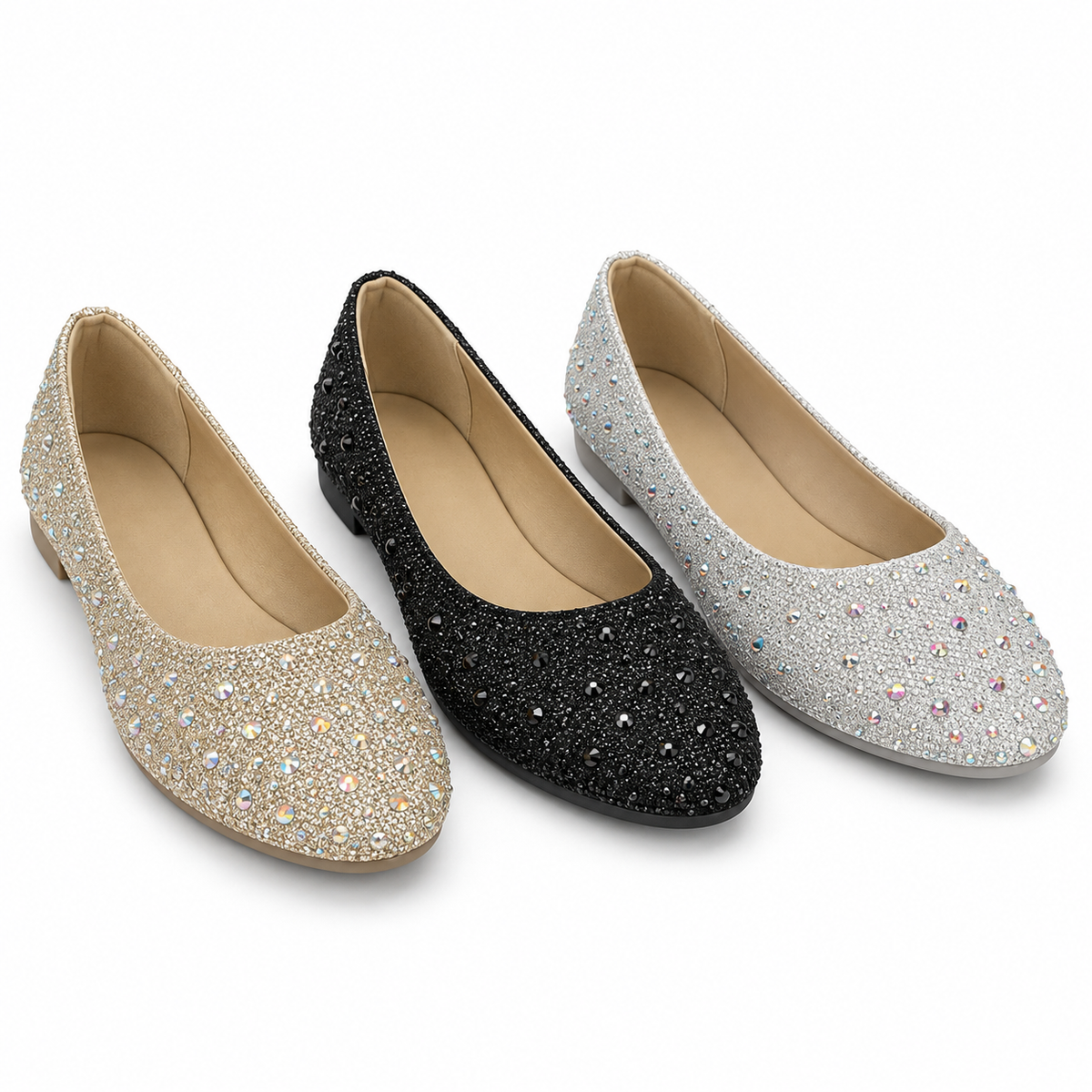 H2K Magic Uno rhinestone flats in Gold, Black, and Silver