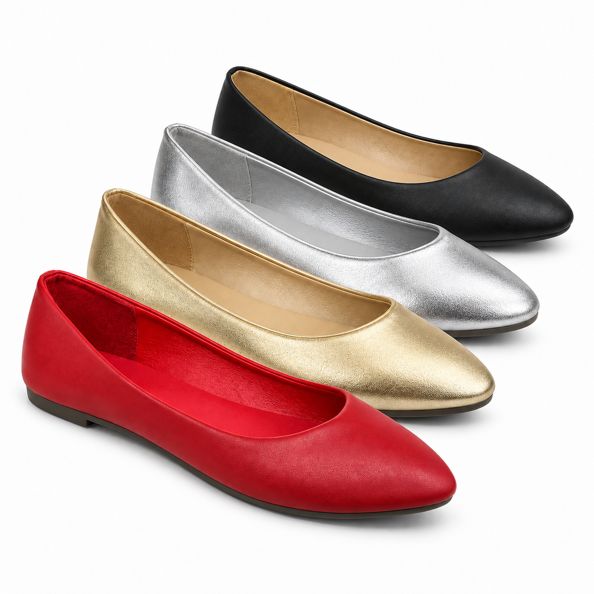 H2K Muse ballet flats in Red, Gold, Silver, and Black Matte