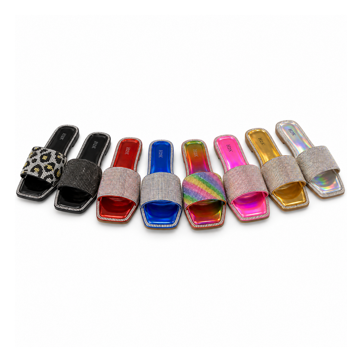 H2K Summer rhinestone slide sandals in Leopard, Black, Red, Blue, Rainbow, Pink, Gold and Silver