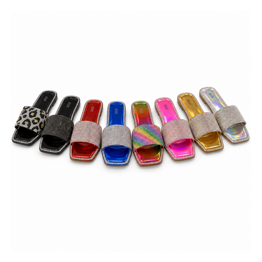 H2K Summer rhinestone slide sandals in Leopard, Black, Red, Blue, Rainbow, Pink, Gold and Silver