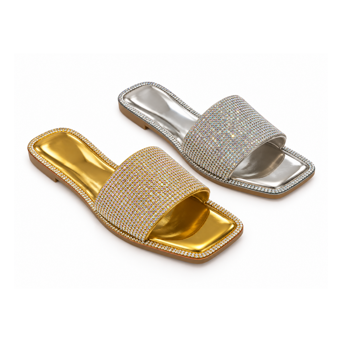 H2K Summer rhinestone slide sandals in Gold and Silver