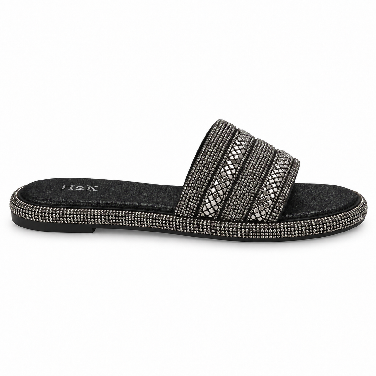 H2K Swan Black sandal - side view showing embellished sole