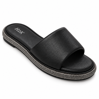 H2K Swan II Black sandal - padded strap and rhinestone detail