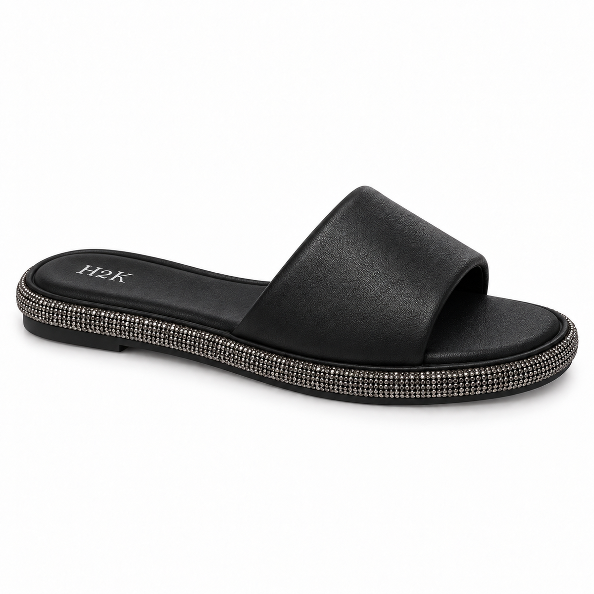 H2K Swan II Black sandal - side view showing rhinestone sole