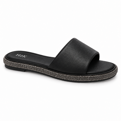 H2K Swan II Black sandal - side view showing rhinestone sole