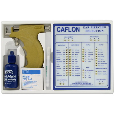 Kit de instrumentos para perforación de orejas Caflon – Pistola dorada y solución B-Pad