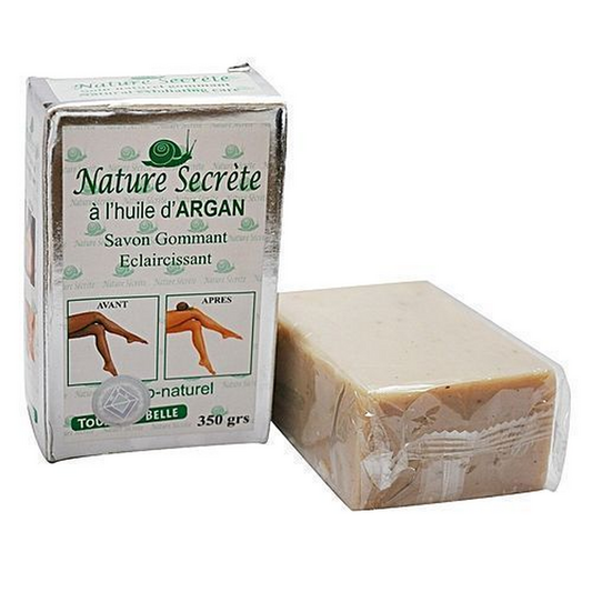 Nature Secrete argan exfoliating soap 350 g box and bar, front view