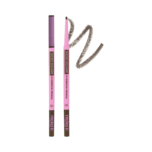 Nicka K Micro Square Eyebrow Pencil EBMS02 Dark Brown with shade swatch on white background