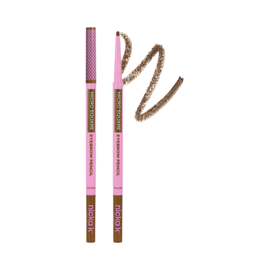 Nicka K Micro Square Eyebrow Pencil EBMS03 Chocolate with shade swatch on white background