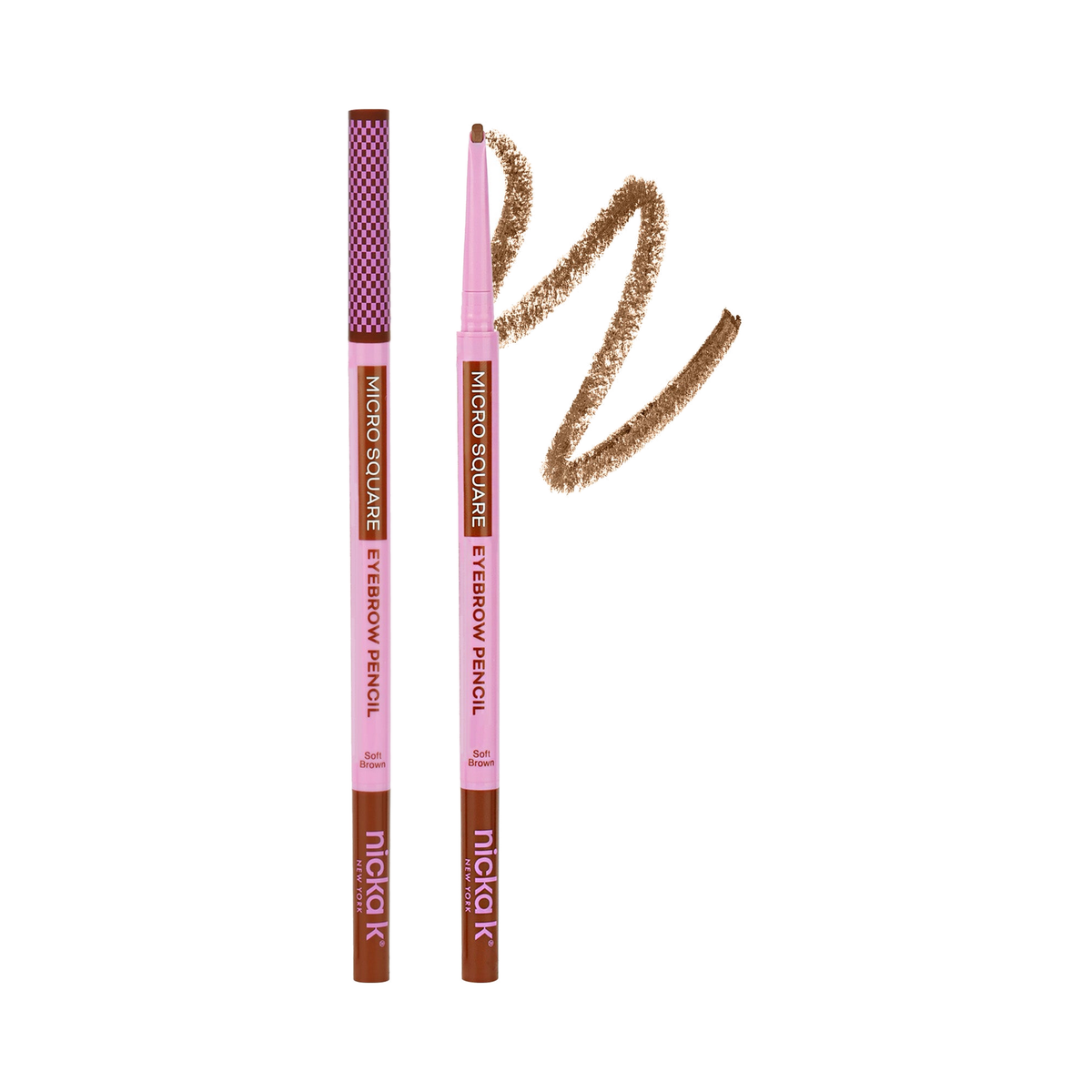 Nicka K Micro Square Eyebrow Pencil EBMS04 Soft Brown with shade swatch on white background
