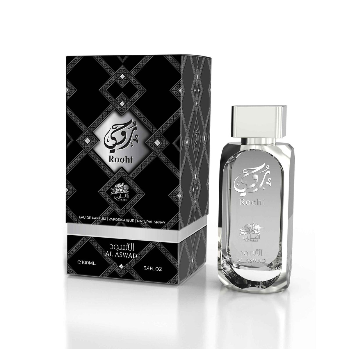 Al Fares Roohi Al Aswad Eau de Parfum for Men – 3.4 oz / 100 mL bottle on white background