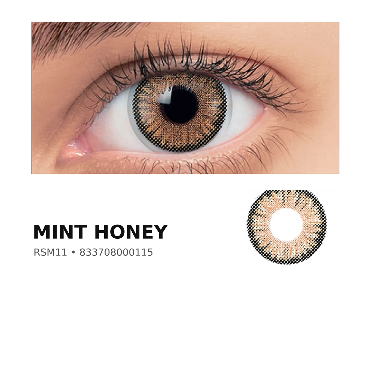 Rosée Mint Honey RSM11 colored contact lens shown on eye with exact lens pattern swatch