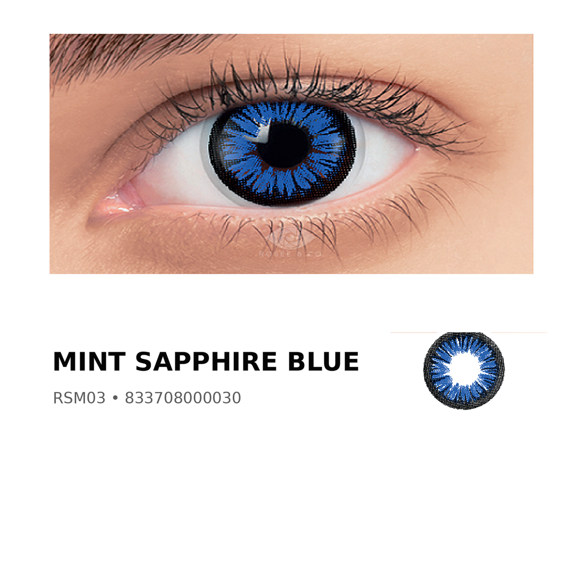 Rosée Mint Sapphire Blue RSM03 colored contact lens shown on eye with exact lens pattern swatch