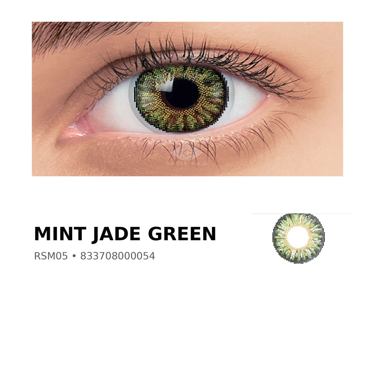 Rosée Mint Jade Green RSM05 colored contact lens shown on eye with exact lens pattern swatch