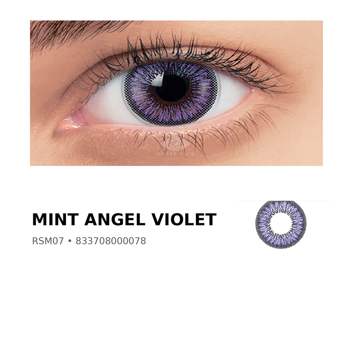 Rosée Mint Angel Violet RSM07 colored contact lens shown on eye with exact lens pattern swatch