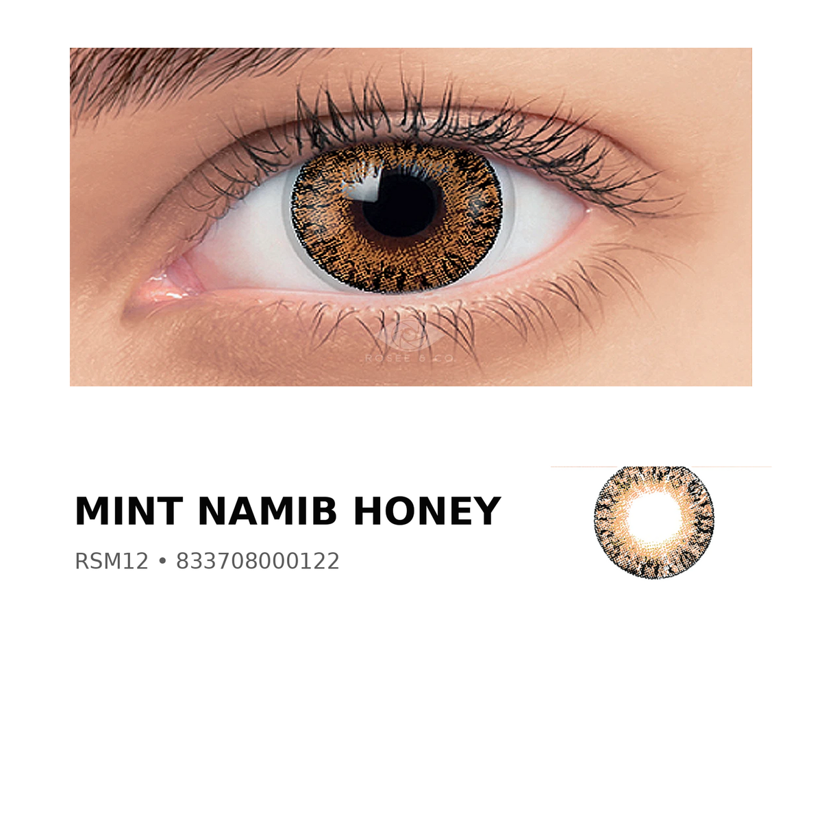 Rosée Mint Namib Honey RSM12 colored contact lens shown on eye with exact lens pattern swatch