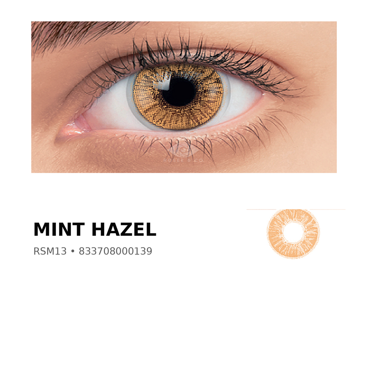 Rosée Mint Hazel RSM13 colored contact lens shown on eye with exact lens pattern swatch