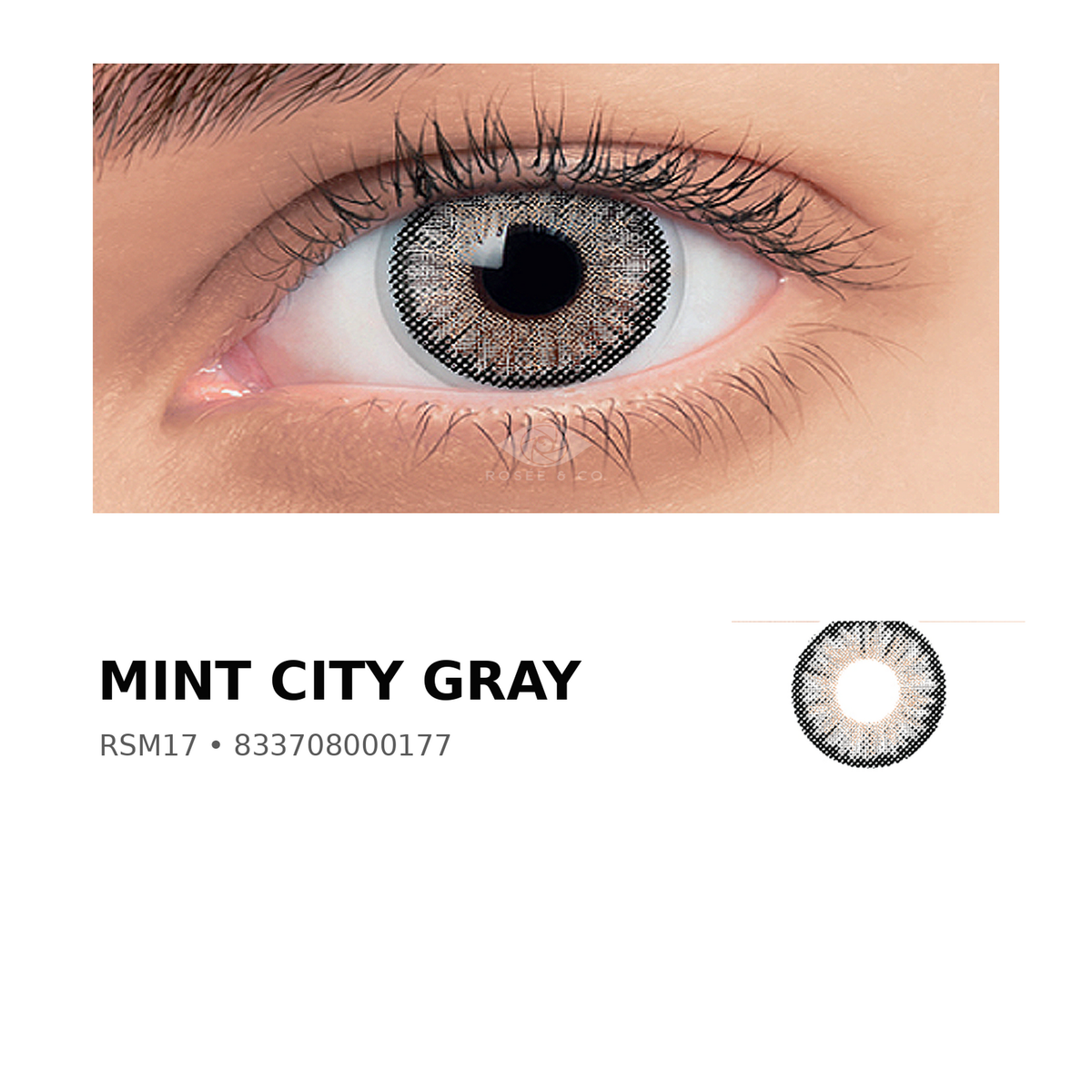 Rosée Mint City Gray RSM17 colored contact lens shown on eye with exact lens pattern swatch