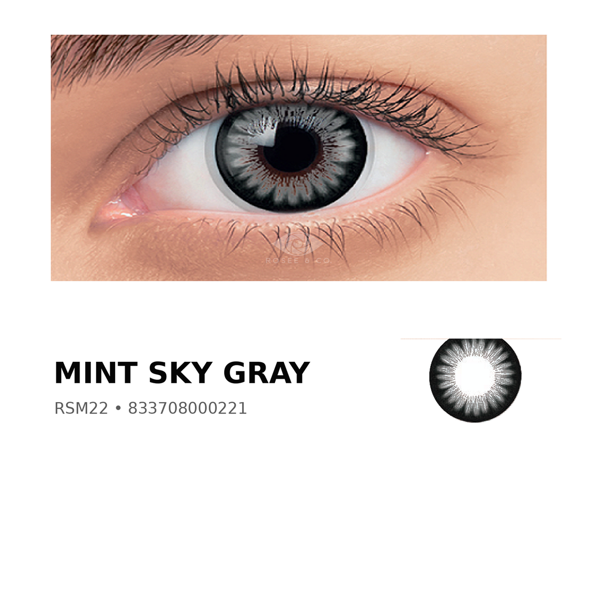 Rosée Mint Sky Gray RSM22 colored contact lens shown on eye with exact lens pattern swatch