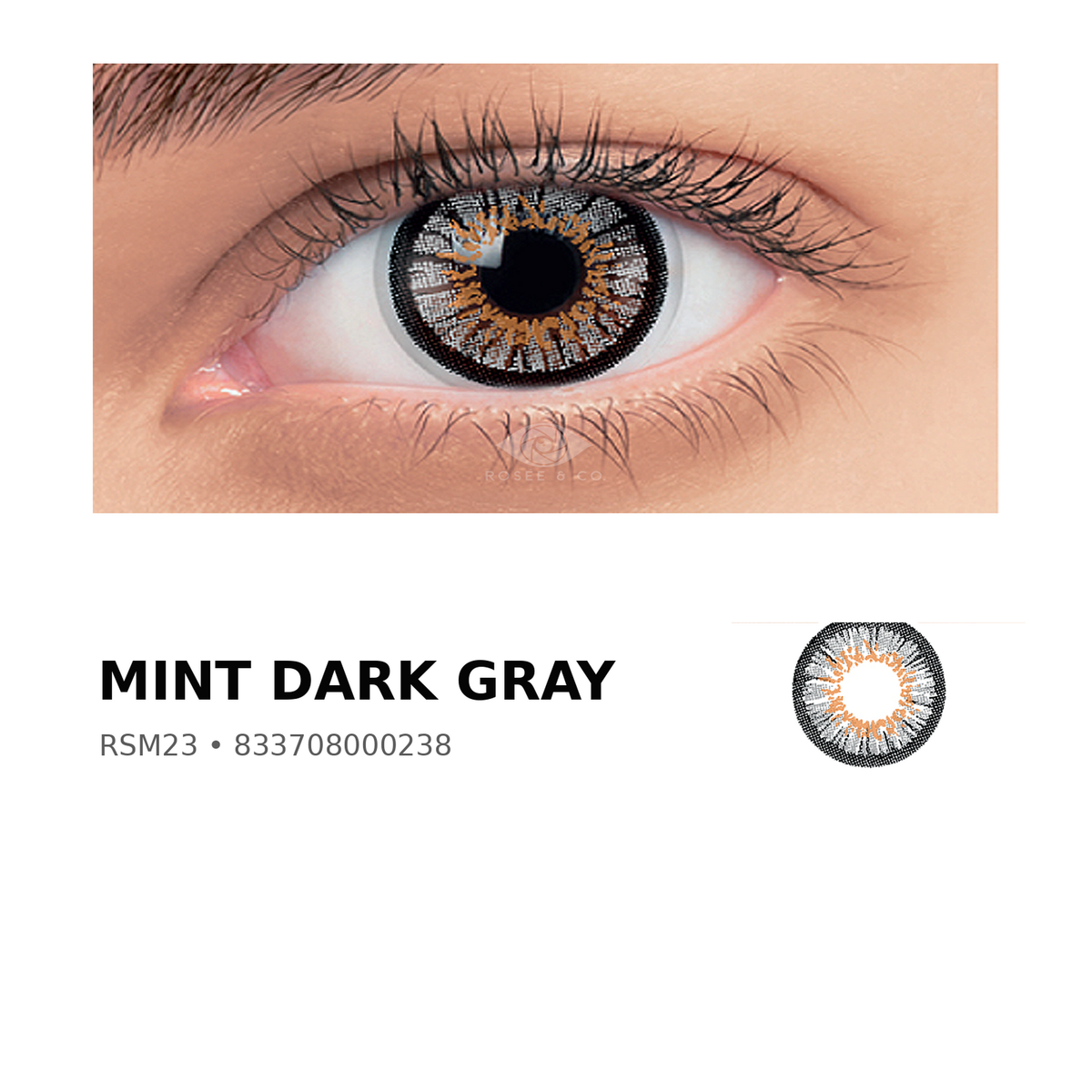 Rosée Mint Dark Gray RSM23 colored contact lens shown on eye with exact lens pattern swatch