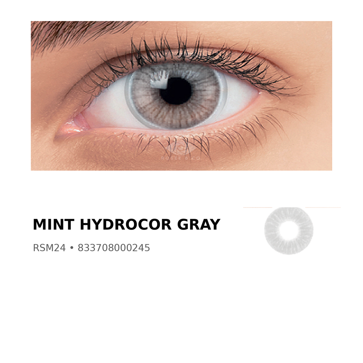 Rosée Mint Hydrocor Gray RSM24 colored contact lens shown on eye with exact lens pattern swatch